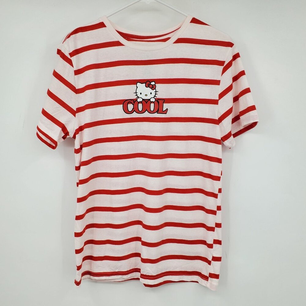 Hello Kitty Red and White Striped Short Sleeved Women's Shirt Size‎ Small